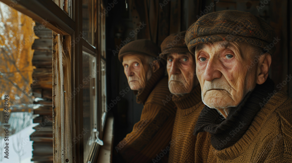 A group of lonely old men stood at a window looking out into the open air A group of lonely old men stood at a window looking out into the open air