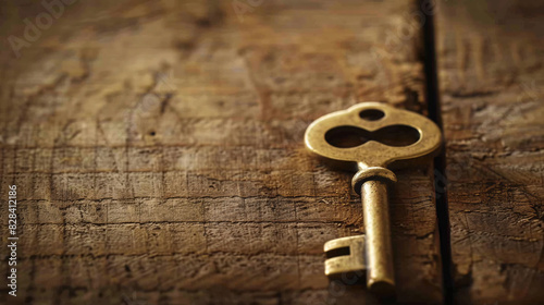 Antique key on rustic wood. Antique brass key resting on rustic wood planks, perfect for concepts such as history, mystery, or discovery.