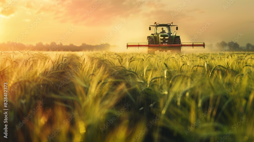 Fototapeta premium A tractor is driving through a field of wheat. The sky is orange and the sun is setting