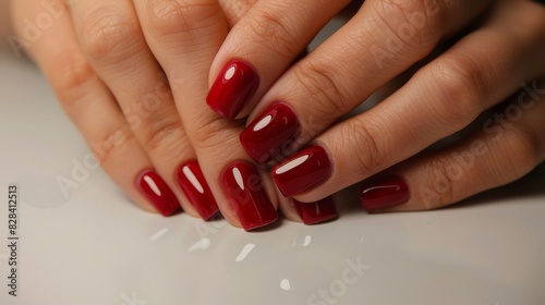 Closeup to woman s hands with an elegant manicure. Beautiful bright rich red gel polish manicure on square nails