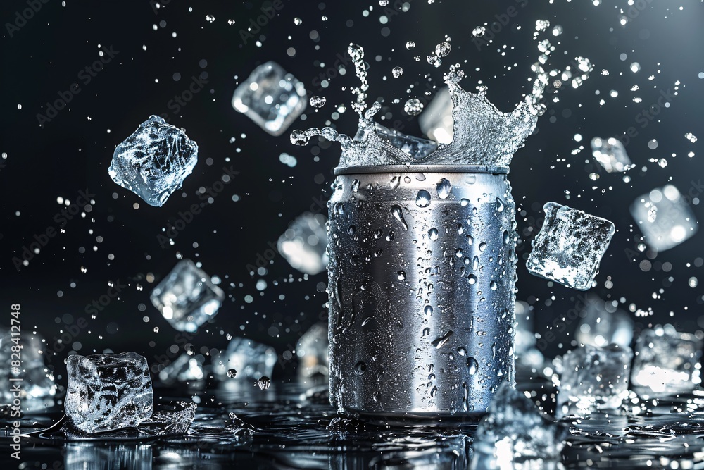 A mockup of a bare aluminum can with levitating ice cubes and splashing, set against a dark backdrop. A mockup of a bare aluminum can with levitating ice cubes and splashing, set against a dark backdrop.