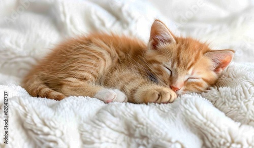 Serene ginger kitten sleeping peacefully on white blanket