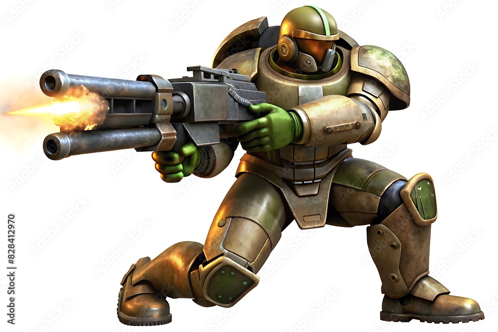 A determined cyborg warrior firing with his big gun , isolated on white background
A determined cyborg warrior firing with his big gun , isolated on white background
