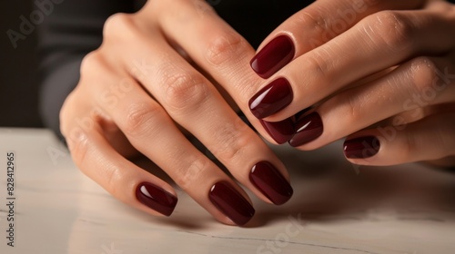 Closeup to woman hands with elegant manicure. Beautiful rich red gel polish manicure on square nails.