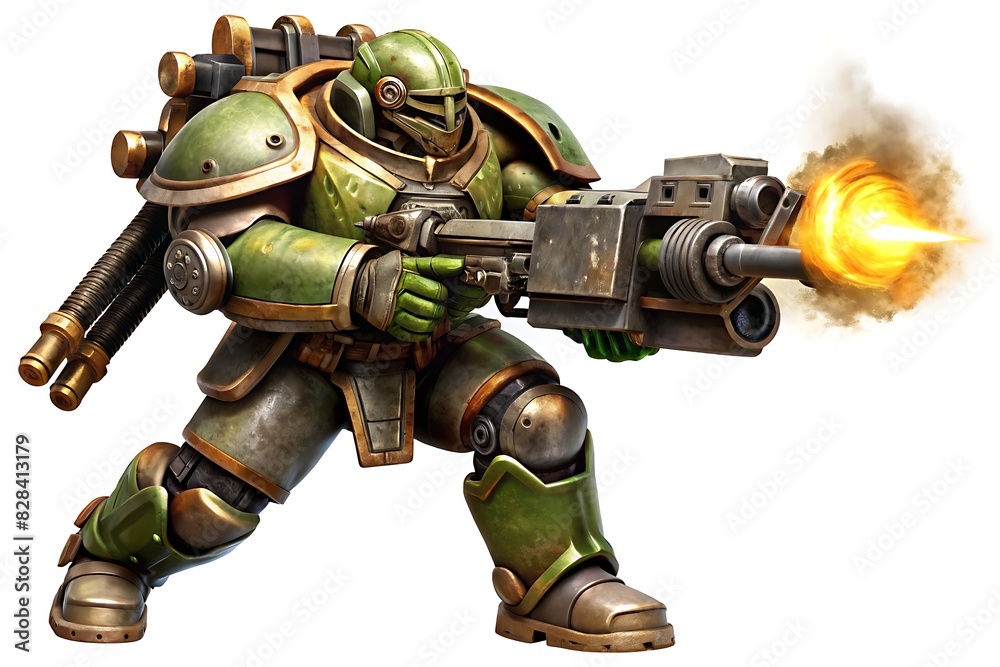 A determined cyborg warrior firing with his big gun , isolated on white background
A determined cyborg warrior firing with his big gun , isolated on white background