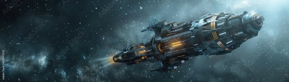 A futuristic spaceship flies through a dense nebula. A futuristic spaceship flies through a dense nebula.