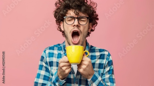 The man yawning with coffee photo