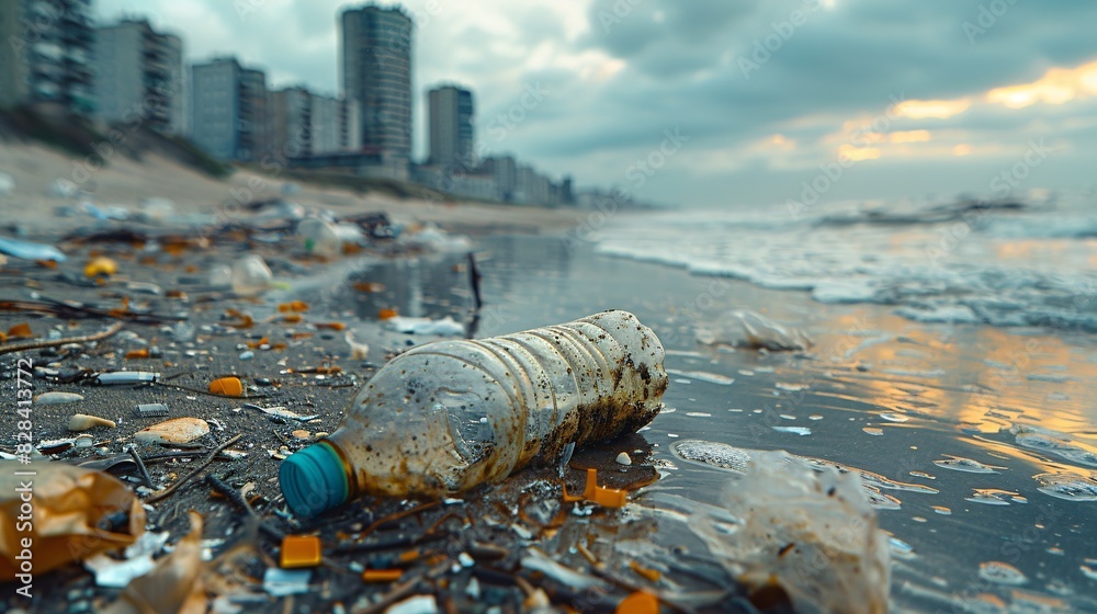 Obraz premium Litter on urban shoreline, discarded plastic containers, contaminated sandy coast, ecological harm.