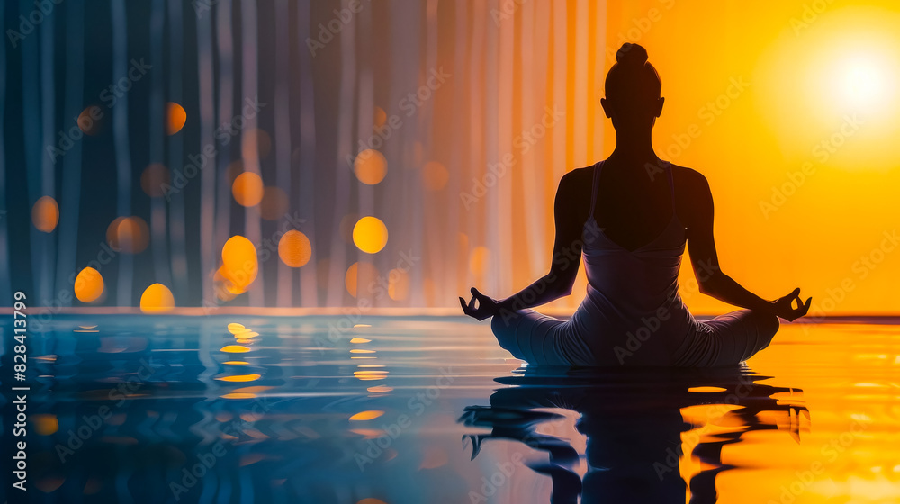 A woman is sitting in a pool of water, with the sun shining on her