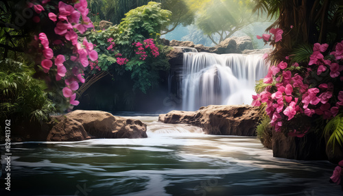 A beautiful pink flower is next to a waterfall