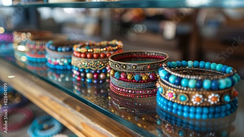 Row of Bracelets on Glass Shelf