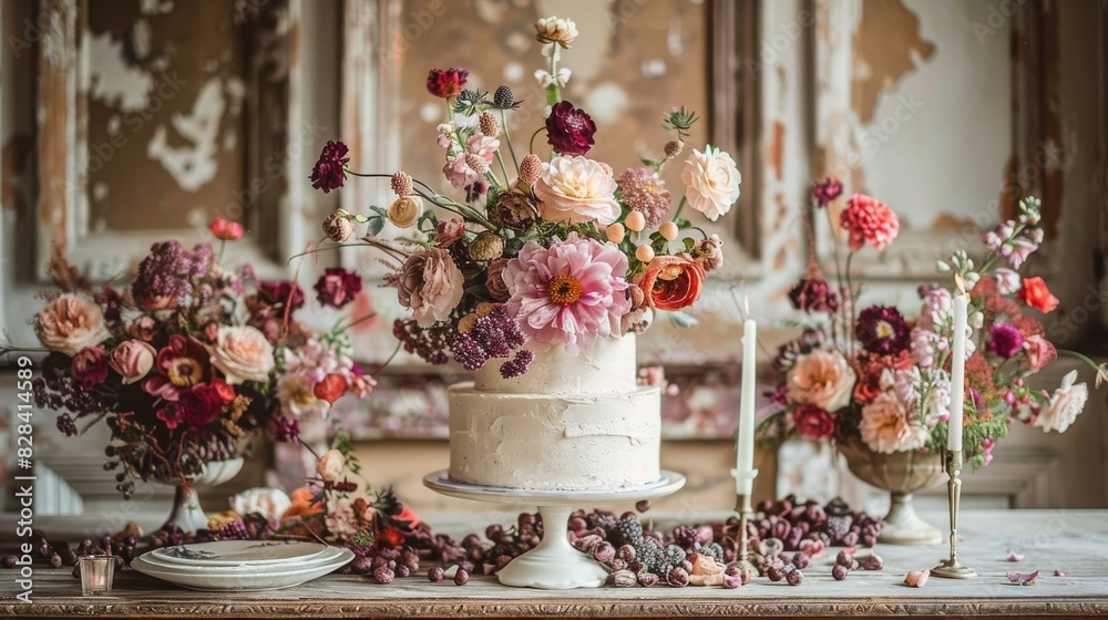 Elegant Wedding Cake Adorned With Flowers