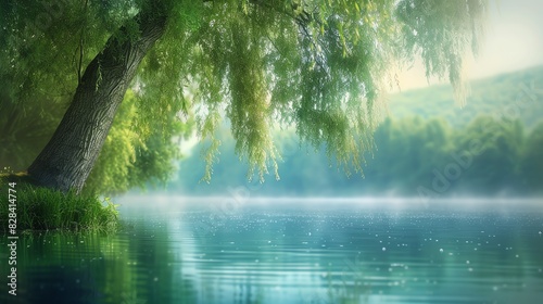 Tranquil morning mist over a serene lake with lush green foliage.  Sunlight filters through the trees, creating a peaceful atmosphere.