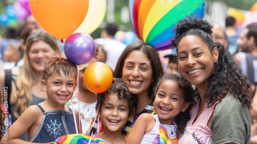 A diverse group of people and children smiling and holding rainbow flags and balloons.