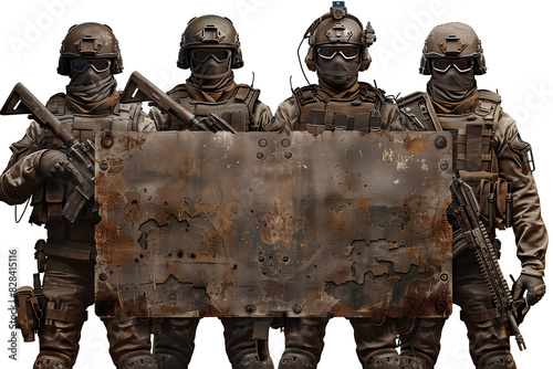 abstract illustration of rust metal soldiers in camouflage with weapon hold banner photo