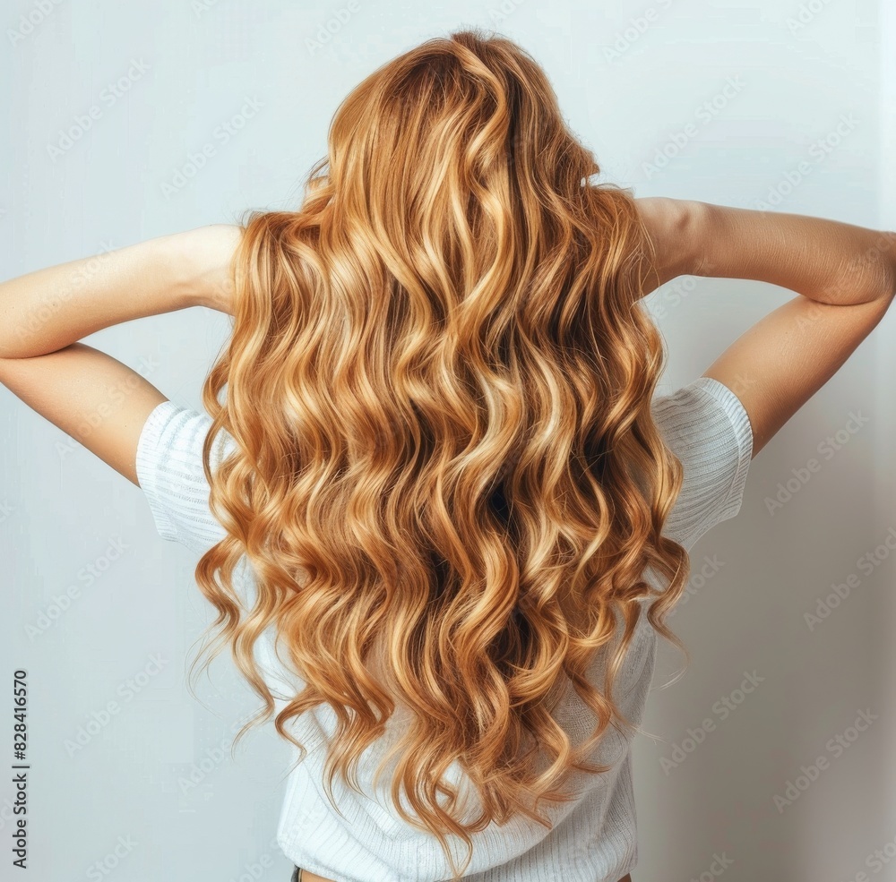 Fototapeta premium Woman With Long, Curly Hair Standing in Front of Wall