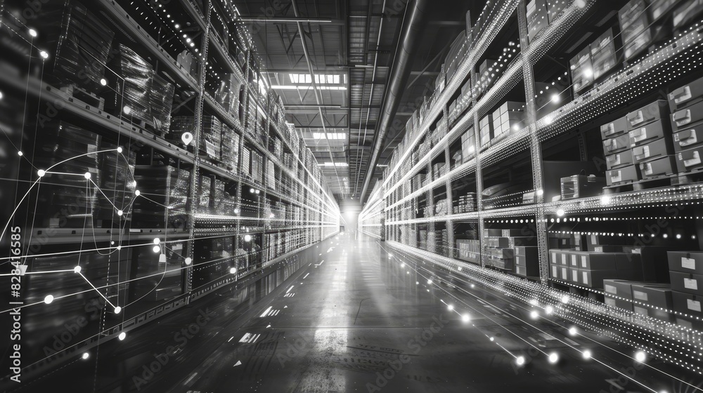 efficient online market with AIpowered inventory management front view representing smart supply chain Scifi tone black and white efficient online market with AIpowered inventory management front view representing smart supply chain Scifi tone black and white