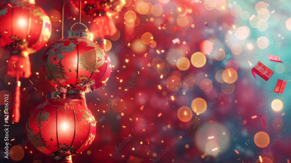 A red lantern with a gold border hangs from a string. The lanterns are hanging from a string and are lit up A red lantern with a gold border hangs from a string. The lanterns are hanging from a string and are lit up