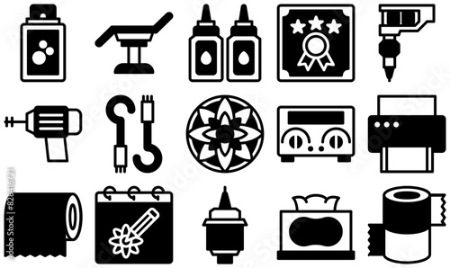 A Collection Of Tattoo Semi Solid Icons Silhouette Vector Logo Design Containing Tattoo-Studio,Machine,Equipment,Tattoo,Tools Pictograms And Infographics Design Elements Vector Illustration
