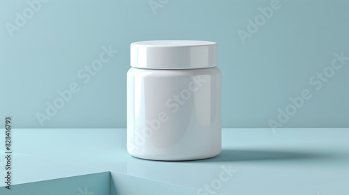 A white jar sits on a blue surface