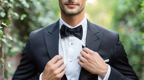 A young man in a tuxedo with a white rose boutonniere on the lapel. He has short brown hair and brown eyes, and is looking off to the side with a slight smile photo