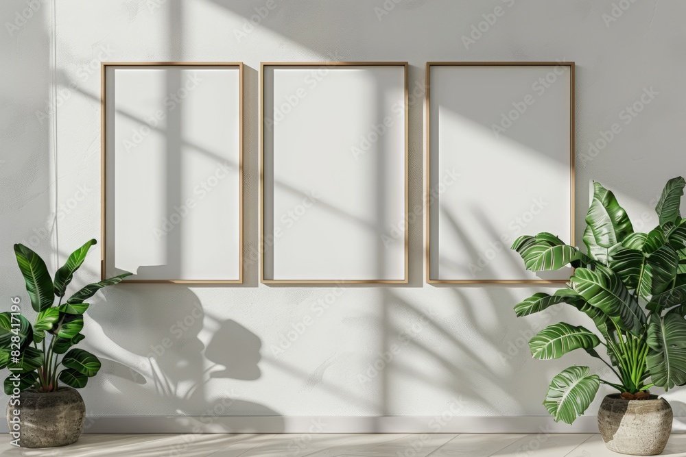 blank white vertical frame mockup on a wall with a window shadow and plant decoration. Modern interior design background for artwork, painting or poster in the style of contemporary home decor. blank white vertical frame mockup on a wall with a window shadow and plant decoration. Modern interior design background for artwork, painting or poster in the style of contemporary home decor.