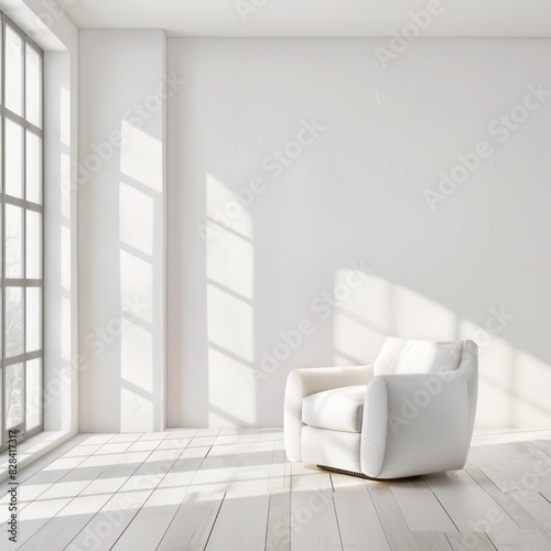 Minimalist living room with white walls, a single white armchair, and large windows providing ample sunlight