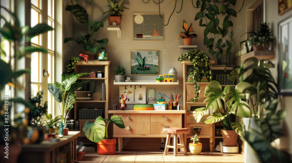 A small vacation home, toys on the shelves and plants all around A small vacation home, toys on the shelves and plants all around