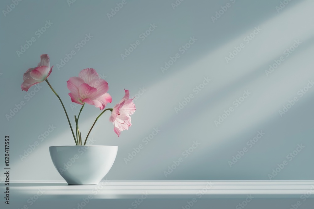 A white vase with pink flowers sits on a table. The flowers are arranged in a way that they are all facing the same direction, creating a sense of harmony and balance. The vase itself is simple A white vase with pink flowers sits on a table. The flowers are arranged in a way that they are all facing the same direction, creating a sense of harmony and balance. The vase itself is simple