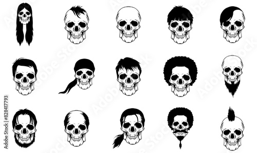 A Collection Of Skull With Hair Style Icons Collection Isolated Silhouette Solid Icons Including Skull,Hairstyle,Halloween,Death,Cool Pictograms And Infographics Design Elements Vector Illustration