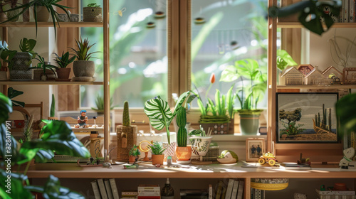 A small vacation home  toys on the shelves and plants all around