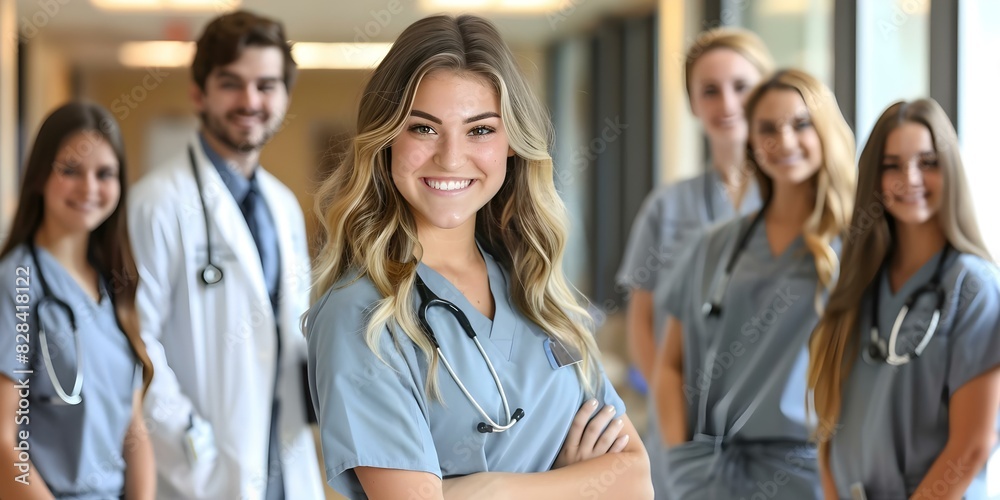 Young nursing student in scrubs standing with hospital team including doctor. Concept Hospital Team, Nursing Student, Scrubs, Doctor, Medical Professionals Young nursing student in scrubs standing with hospital team including doctor. Concept Hospital Team, Nursing Student, Scrubs, Doctor, Medical Professionals