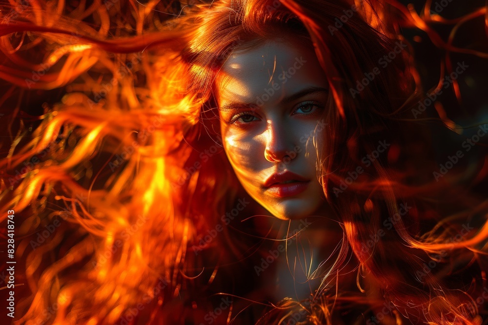 Fiery, luminous girl with long hair on a black background Fiery, luminous girl with long hair on a black background