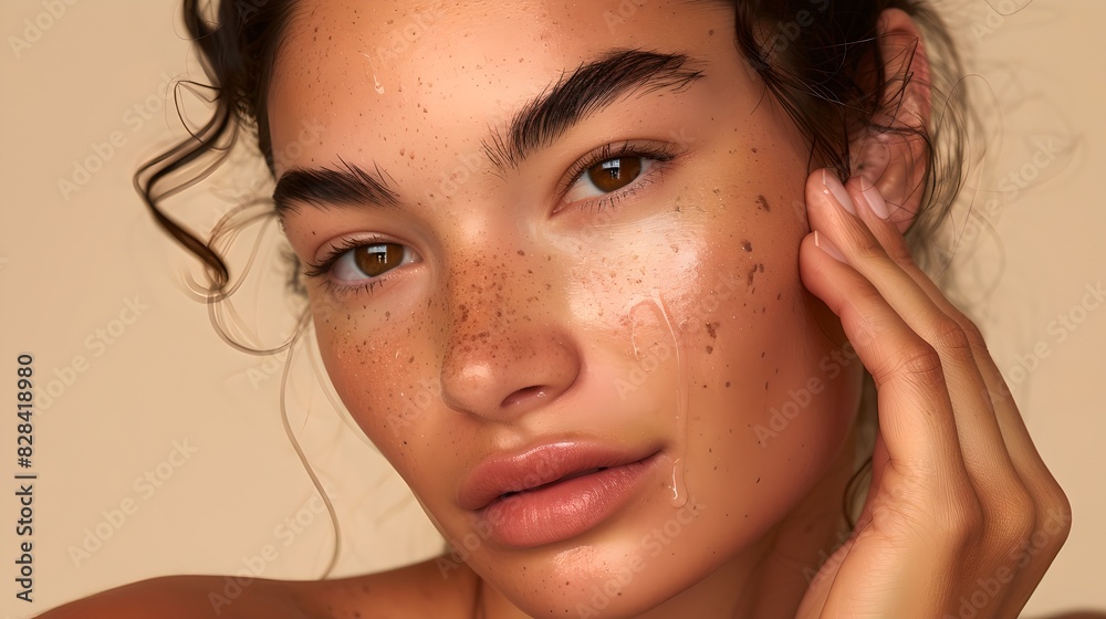 Naklejka premium Close-up portrait of a woman with natural makeup and glowing skin. Realistic style. Ideal for skincare and beauty advertising. AI
