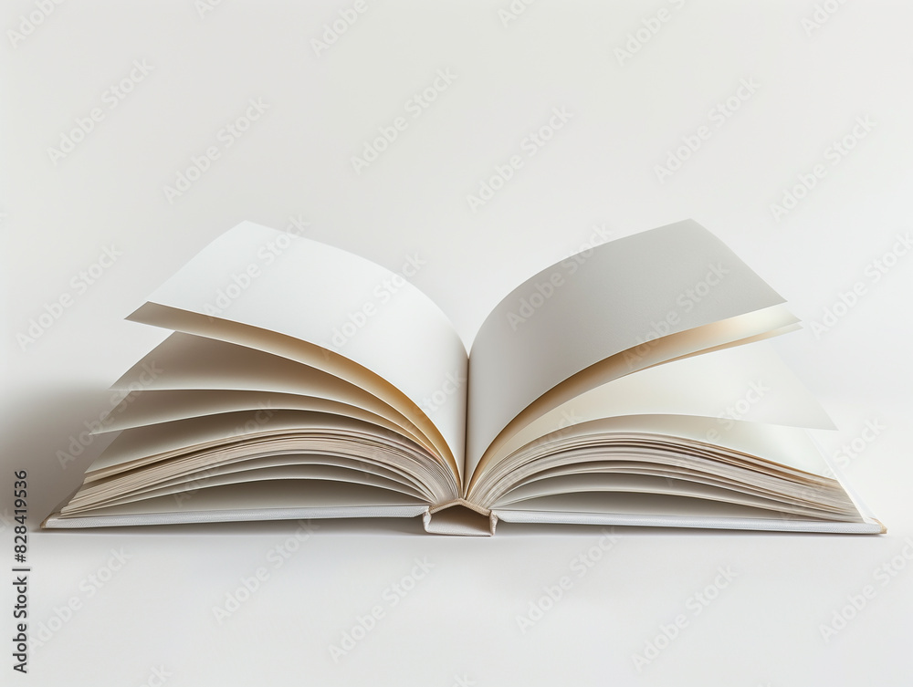 Open blank book with white pages spread out, isolated on a clean white background. Perfect for design and publication mockups.