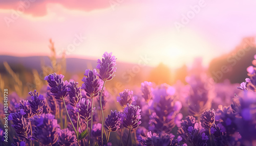 A field of purple flowers with a bright sun in the background