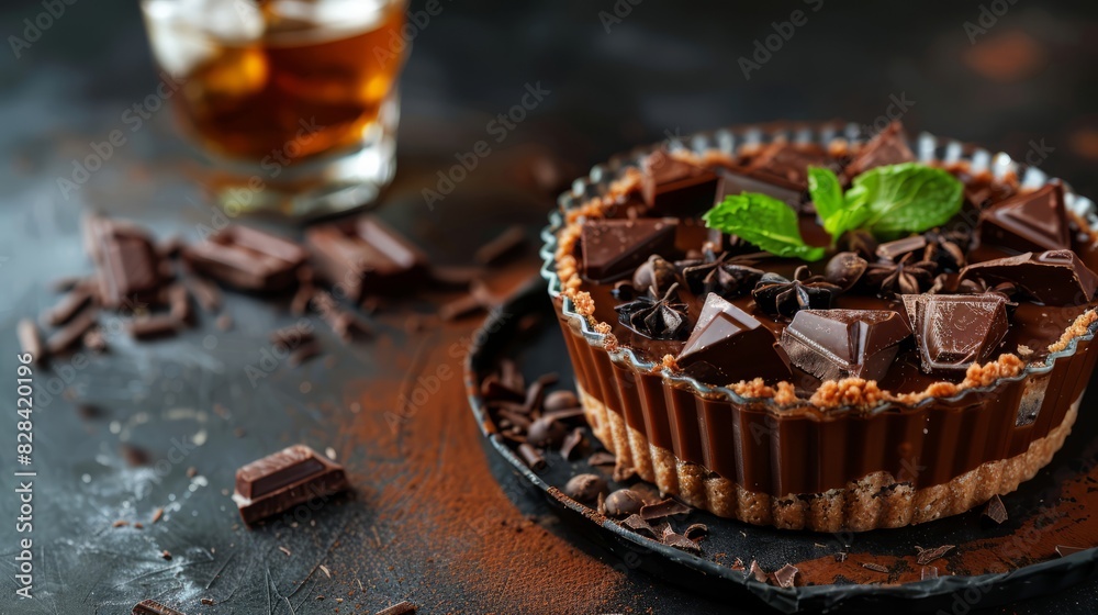 glass of iced bourbon. chocolate tart. with copy spac glass of iced bourbon. chocolate tart. with copy spac