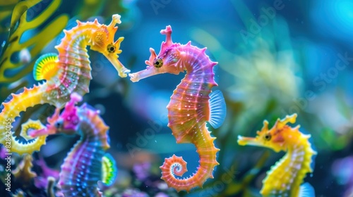 Close-up of colorful seahorses swimming under the sea.