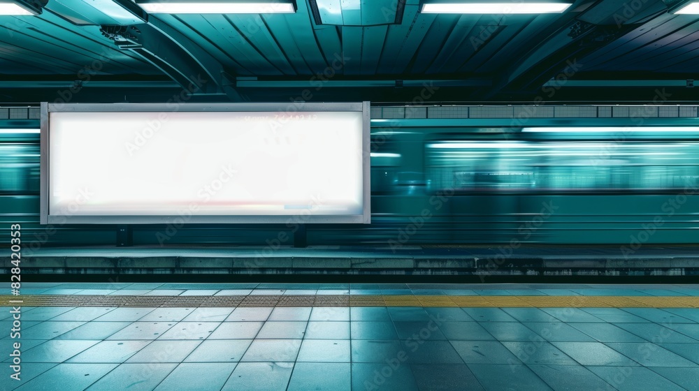 A train is passing by a large white billboard. The billboard is empty and the train is moving quickly A train is passing by a large white billboard. The billboard is empty and the train is moving quickly