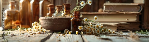 Wallpaper Mural Herbal medicine, with mortars filled with medicinal herbs on display. Bottle of essential oil or infusion and dried herbs Torontodigital.ca