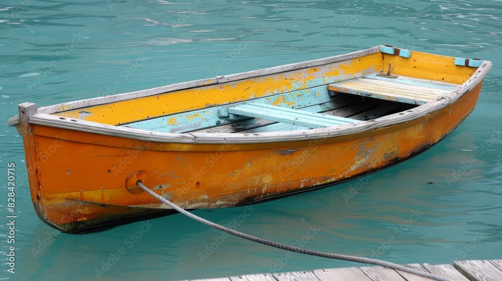 Tranquil scene of a weathered orange rowboat floating on calm water Tranquil scene of a weathered orange rowboat floating on calm water