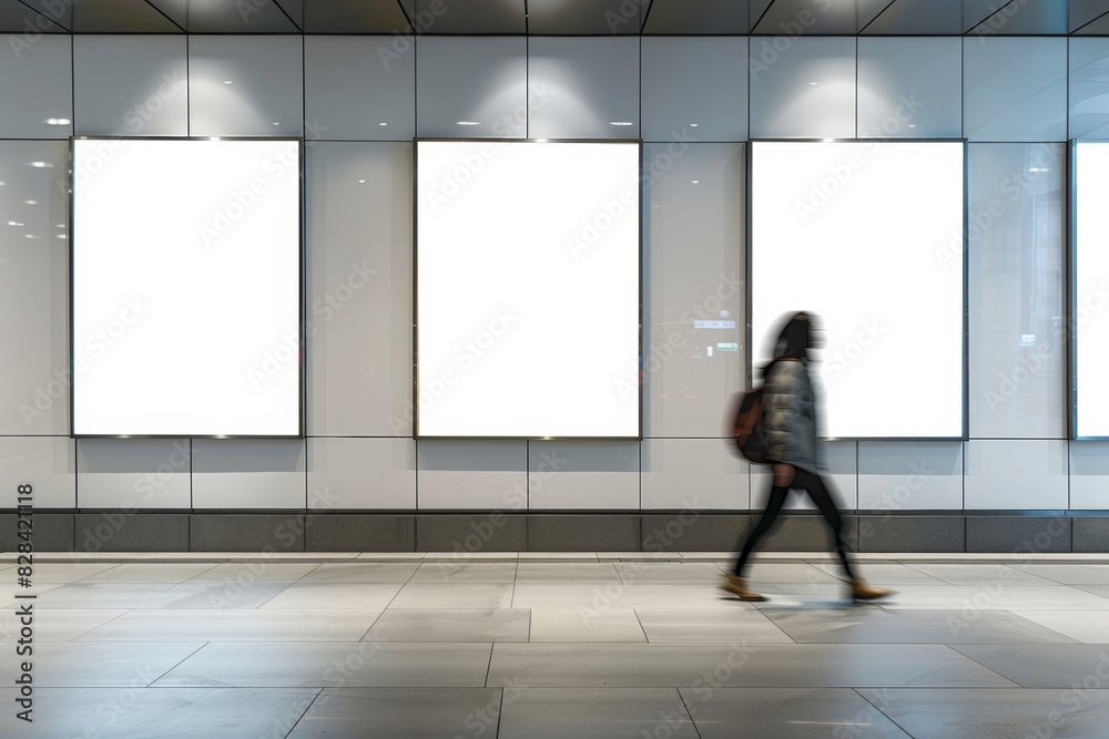 Fototapeta premium A woman walks past three blank white posters. The posters are in a hallway with a tiled floor