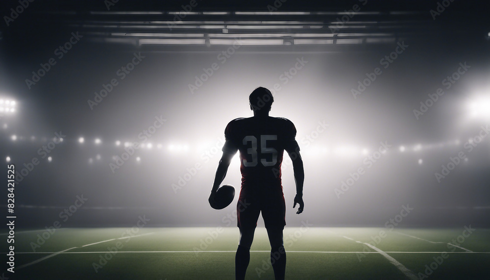 Silhouette of a professional football player. The background is dark and the warm spotlights is on
Silhouette of a professional football player. The background is dark and the warm spotlights is on