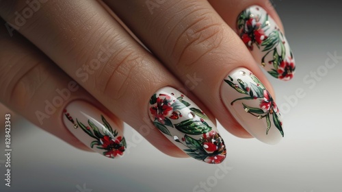 Spring inspired nail design for women Manicure with floral pattern Nail salon services featuring a timeless bridal nail look for the season