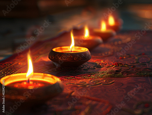 illustation of Diwali festival of lights tradition Diya oil lamps against dark background A traditional Indian art of decorating the entrance to a house. Diwali festival holiday design. 