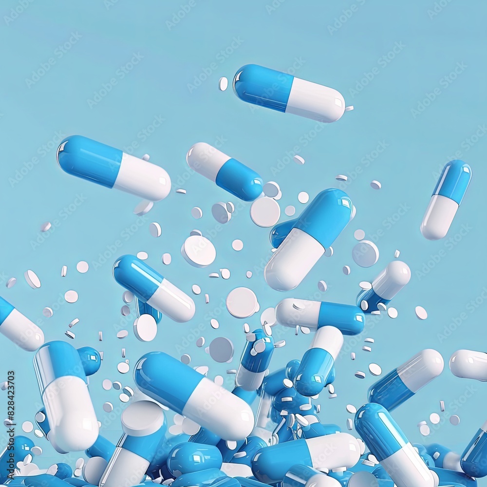 Dynamic Falling Blue and White Antibiotic Capsules Dynamic Falling Blue and White Antibiotic Capsules