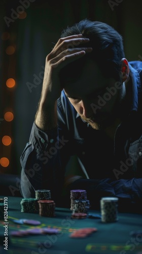 Man sitting at a table with a lot of poker chips, gambling concept 