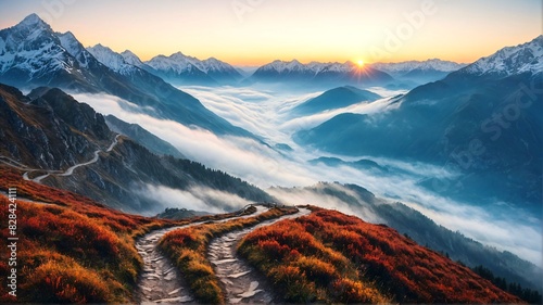 Mountain landscape with a winding road going through it. Clouds. Sky. Mountains. Nature. Panorama. Valley. photo
