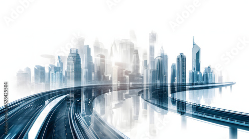Double exposure of a city highway with a skyline of buildings and a clear morning sky double exposure