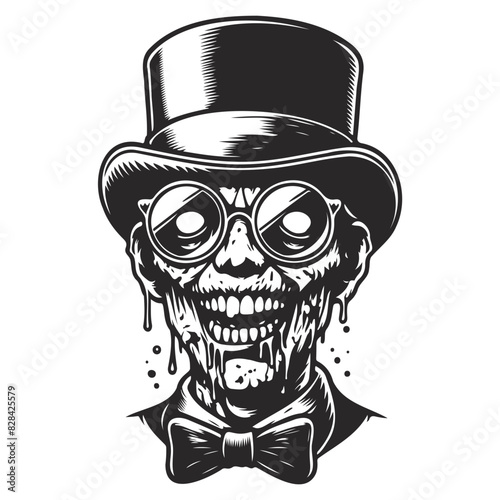 zombie wearing top hat  vintage line art.